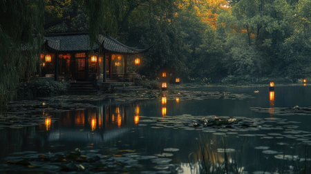 Experience a serene evening scene at a tranquil pond, illuminated by floating lanterns. The calm waters reflect lush greenery, creating a peaceful ambiance.の素材