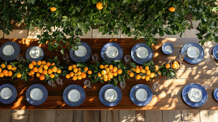 A beautifully arranged outdoor dining table featuring vibrant citrus fruits, elegant blue plates, and lush greenery. Perfect for summer gatherings.の素材