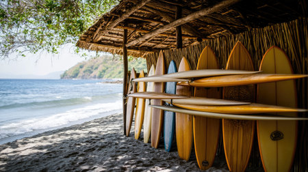 Colorful surfboards lean against a rustic shack on a sandy beach. The serene ocean waves and lush greenery create a perfect retreat for beach lovers.の素材