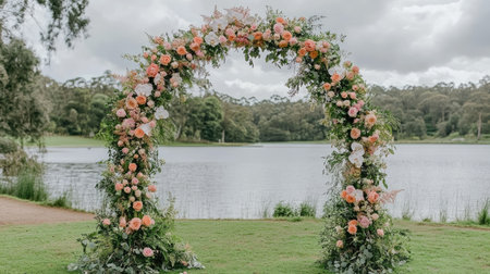Elegant floral arch adorned with pink and white flowers beside a serene lake. Perfect for weddings or outdoor events, this scene captures beauty and romance.の素材