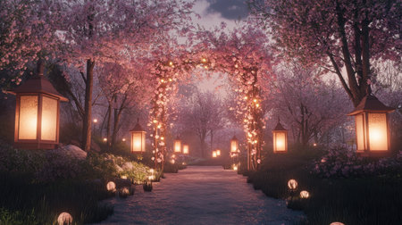 A tranquil pathway adorned with blooming cherry blossoms and glowing lanterns creates a serene atmosphere at dusk. Perfect for capturing spring beauty.の素材