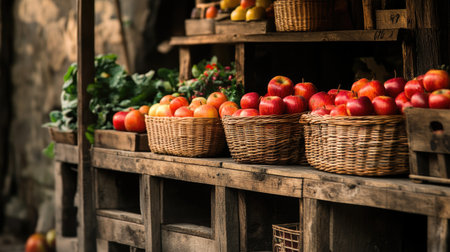 A vibrant display of fresh apples in woven baskets at a rustic market stall, showcasing the beauty of organic produce under soft natural light. Perfect for food enthusiasts.の素材