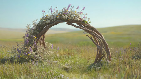 A stunning floral archway gracefully stands amidst a tranquil meadow, surrounded by vibrant wildflowers and lush greenery, under a clear blue sky.の素材