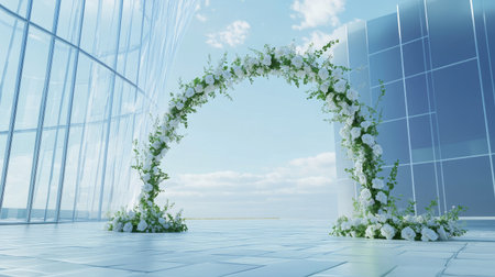 Stunning floral arch adorned with white flowers creates a romantic atmosphere in a modern indoor space, paired with a serene sky backdrop for events.の素材