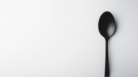 A minimalistic black spoon rests elegantly on a white surface, showcasing a modern design. Perfect for food photography or culinary projects highlighting simplicity and elegance.の素材