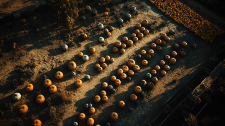 Experience a breathtaking aerial view of a pumpkin field in autumn, showcasing vibrant orange pumpkins arranged naturally across the landscape, ideal for seasonal themes.の素材