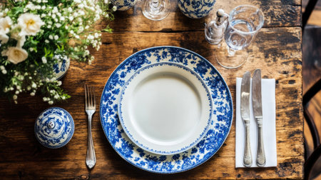 A beautifully arranged table featuring blue floral dinnerware, cutlery, and a fresh flower centerpiece, perfect for elegant dining occasions or gatherings.の素材