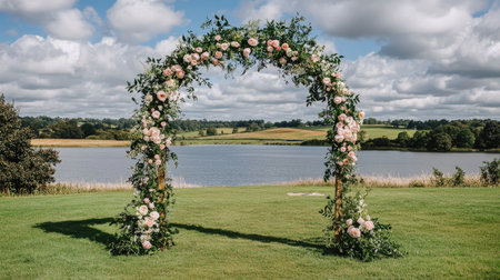 A stunning floral wedding arch adorned with pink flowers stands by a tranquil lake, creating a picturesque backdrop for a romantic ceremony in nature.の素材