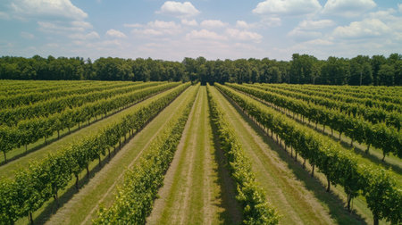A stunning aerial view of a vineyard reveals neatly arranged rows of grapevines stretching towards the horizon, set against a vibrant blue sky.の素材