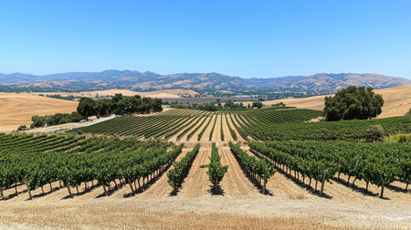 A breathtaking view of a vast vineyard lined with rows of grapes, set against rolling hills. Bright blue skies enhance the beauty of this serene agricultural landscape.の素材