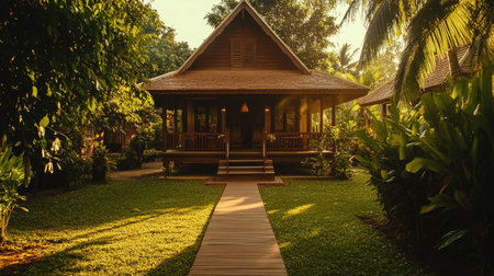 Charming wooden cottage nestled in a lush garden. The serene atmosphere combined with warm sunlight creates a perfect retreat for relaxation and escape.の素材