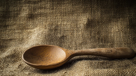A rustic wooden spoon rests elegantly on a textured burlap background, showcasing natural beauty and simplicity, perfect for kitchen or culinary themes.の素材