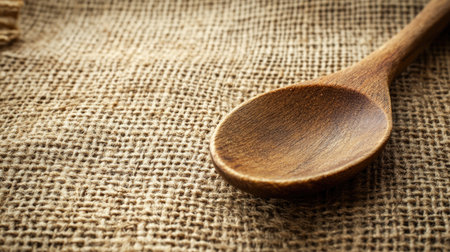 Charming wooden spoon rests on a textured burlap fabric, showcasing rustic beauty. Ideal for culinary arts, home cooking, and food photography projects.の素材