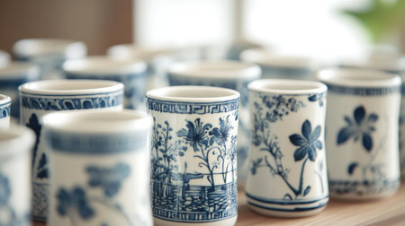 A stunning display of traditional blue and white ceramic cups showcasing intricate floral designs at a Chinese market, emphasizing craftsmanship and cultural heritage.の素材
