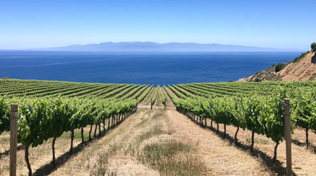 A stunning vineyard features rows of vibrant grapevines leading down to a serene ocean view, framed by a clear blue sky and distant mountains.の素材