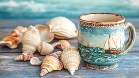 A vibrant ceramic mug sits elegantly among assorted seashells on a wooden surface, evoking coastal charm and a serene beach atmosphere perfect for summer decor.の素材