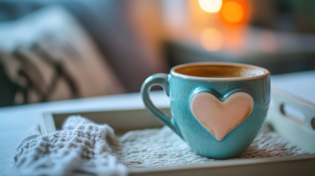 A cozy teal ceramic mug featuring a heart shape sits on a decorative tray. Soft lighting creates a warm ambiance, perfect for enjoying a comforting beverage at home.の素材