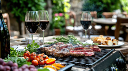 Enjoy a vibrant outdoor dining experience featuring grilled steak, fresh vegetables, and red wine, perfect for summer gatherings and celebrations.の素材