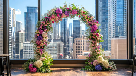 A stunning floral arch adorned with vibrant flowers stands against a breathtaking cityscape, creating an enchanting backdrop for any event or celebration.の素材