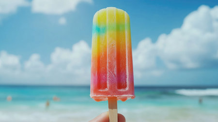 A delicious and colorful ice pop held against a stunning beach background. The vibrant treat contrasts beautifully with the bright blue sky and ocean waves. Perfect for summer enjoyment!の素材