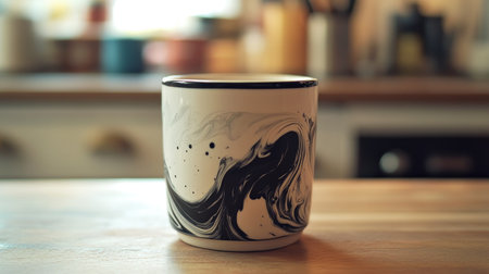 A stylish black and white swirl ceramic mug placed on a wooden table, perfect for showcasing modern design and elegance in home decor and drinkware.の素材