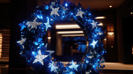 A stunning blue wreath adorned with shimmering stars and sparkling lights, perfect for creating a festive ambiance in any celebration or holiday gathering.の素材