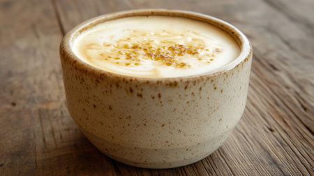 A close-up view of a creamy beverage served in a rustic bowl, showcasing a beautiful foam topping with artistic texture. Perfect for cozy settings.の素材