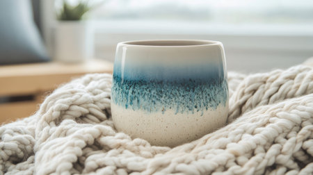 A cozy ceramic mug showcases a beautiful blue ombre design, resting on a soft knit blanket. Perfect for a warm beverage, highlighting comfort and home aesthetics.の素材