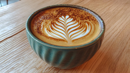 A beautifully crafted coffee beverage displayed in a green bowl features intricate milk foam art on top. The warm tones invite a cozy morning experience.の素材