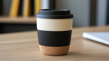 A sleek, modern reusable coffee cup with cork base rests on a wooden table, perfect for eco-conscious coffee lovers and stylish office settings.の素材