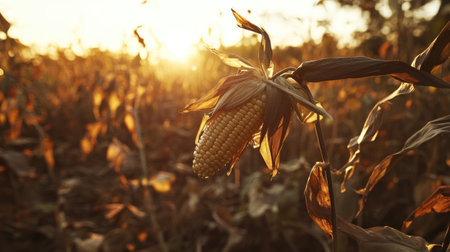 A close-up view of a ripe ear of corn in a field during sunset. Warm sunlight illuminates the scene, highlighting the beauty of rural agriculture and nature.の素材