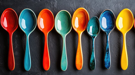 A vibrant array of colorful ceramic spoons beautifully arranged on a dark surface, perfect for visual appeal in kitchenware and culinary settings.の素材