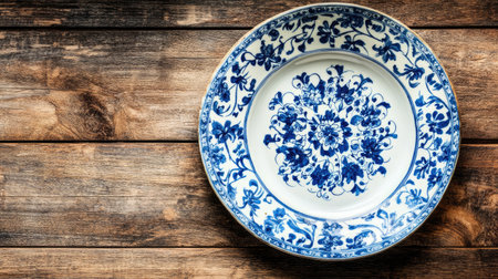 A beautifully crafted blue and white decorative plate rests on a rustic wooden table, showcasing intricate floral patterns and evoking a sense of elegance and charm.の素材