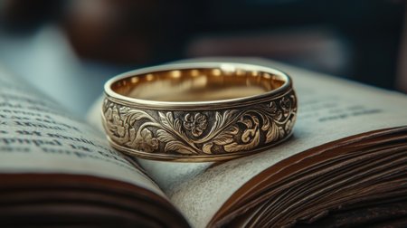 A stunning close-up of an elegant golden ring featuring exquisite floral engravings resting on vintage book pages. A symbol of romance and artistry.の素材