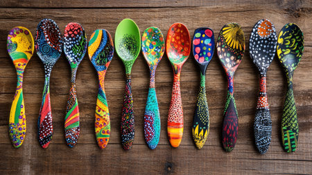 A stunning array of colorful artistic spoons arranged on a rustic wooden surface showcases vibrant patterns and unique designs, symbolizing creativity and craftsmanship.の素材