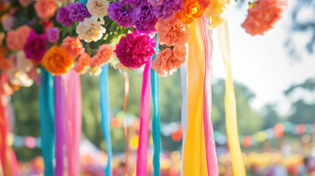 A vibrant display of colorful flowers and ribbons creates a festive atmosphere at an outdoor celebration. This joyful scene embodies beauty and creativity.の素材