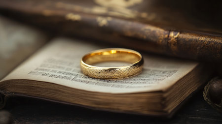 A beautiful gold ring resting on an antique book page, featuring musical notes. This image captures romance and tradition, perfect for themes of love and commitment.の素材