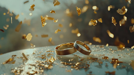 Two elegant wedding rings rest on a surface, surrounded by sparkling gold confetti, capturing the essence of love and celebration in a beautifully festive setting.の素材