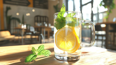 A refreshing glass of lemon mint drink sits on a wooden table, showcasing vibrant lemon slices and fresh mint leaves, perfect for a summer afternoon.の素材
