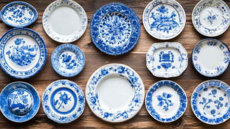 A beautiful arrangement of blue and white decorative plates showcases intricate patterns and designs. Perfect for kitchen decor or tabletop styling.の素材