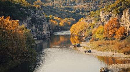A serene river meanders through an autumn landscape, showcasing vibrant trees and shimmering reflections on the water's surface. The peaceful scenery invites exploration and relaxation.の素材