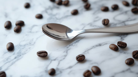 A polished spoon rests gracefully on a marble surface, surrounded by rich coffee beans. This image captures the calm elegance perfect for food and beverage themes.の素材