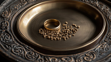 This image showcases an elegant gold ring resting on an antique plate surrounded by decorative golden beads. Perfect for themes of love, luxury, and craftsmanship.の素材