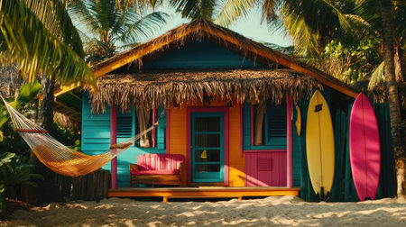 A vibrant beach house with a thatched roof nestled amidst palm trees, featuring bright surfboards and a cozy hammock, perfect for a tropical getaway.の素材