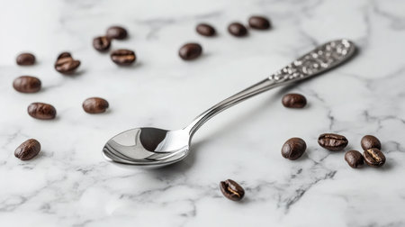 A silver spoon rests elegantly on a white marble surface, surrounded by scattered coffee beans, evoking warmth and sophistication in culinary presentation.の素材
