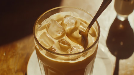 A close-up view of creamy iced coffee filled with ice cubes in a glass, capturing the essence of refreshment. The soft lighting enhances the inviting look.の素材