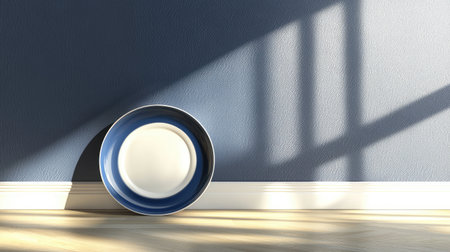 A serene still life featuring a blue and white plate resting on a wooden floor against a textured blue wall, enhanced by dramatic shadows from sunlight.の素材