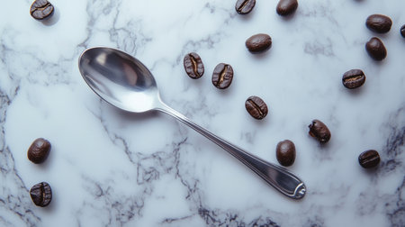 A polished silver spoon rests elegantly on a marble surface, surrounded by dark coffee beans, capturing the essence of gourmet preparation and coffee culture.の素材