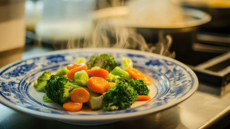 A colorful plate featuring freshly steamed broccoli and carrots, creating a healthy and vibrant meal. The steam adds warmth and freshness to the dish.の素材