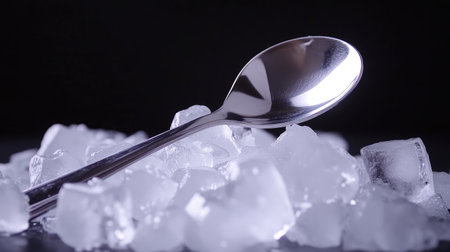 A sleek silver spoon elegantly rests on a pile of transparent ice cubes, creating a striking contrast against a dark background. Perfect for themes of chill and refreshment.の素材